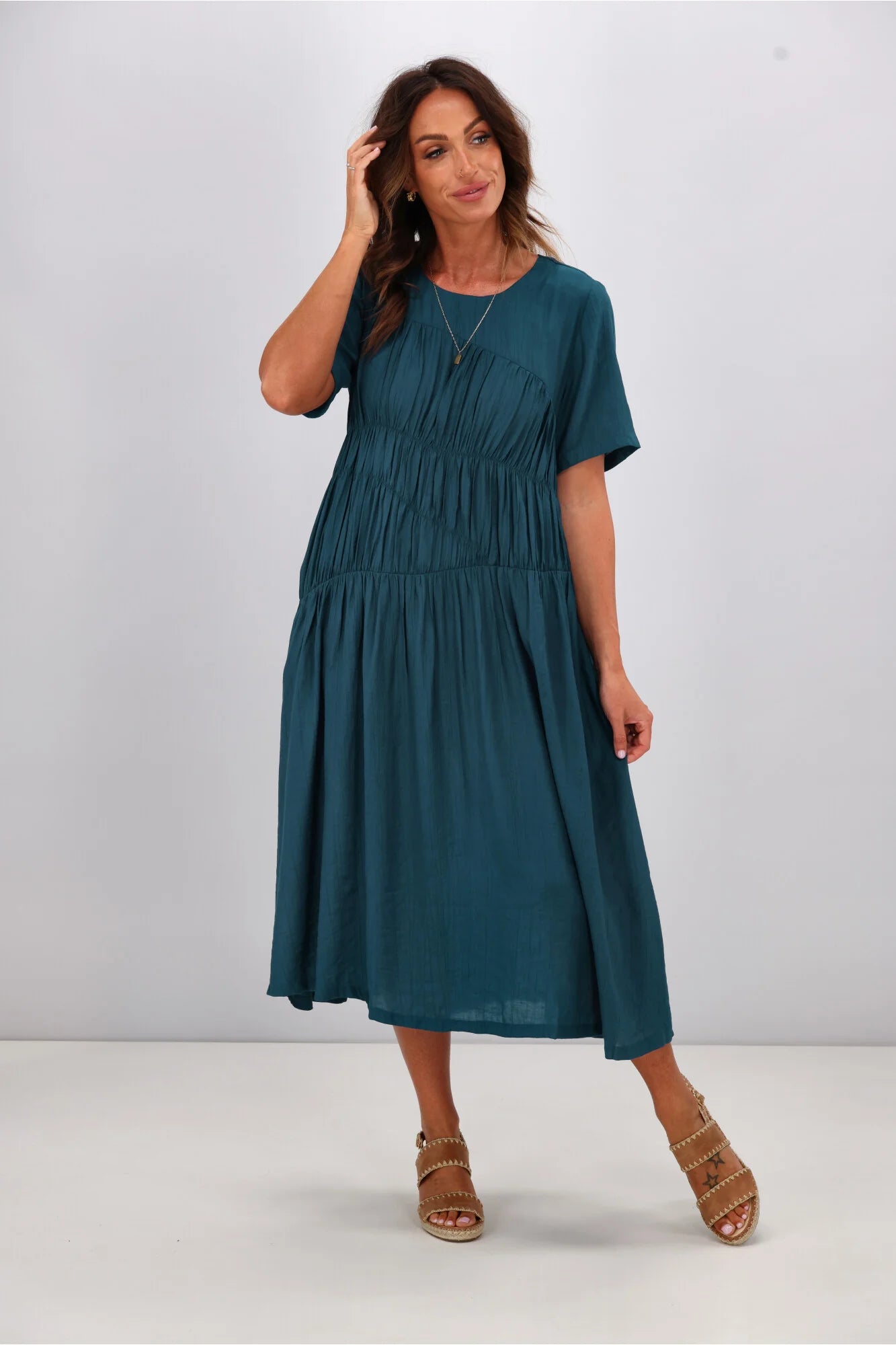 Shine On Label Alesandra Shirred Detail Dress Teal