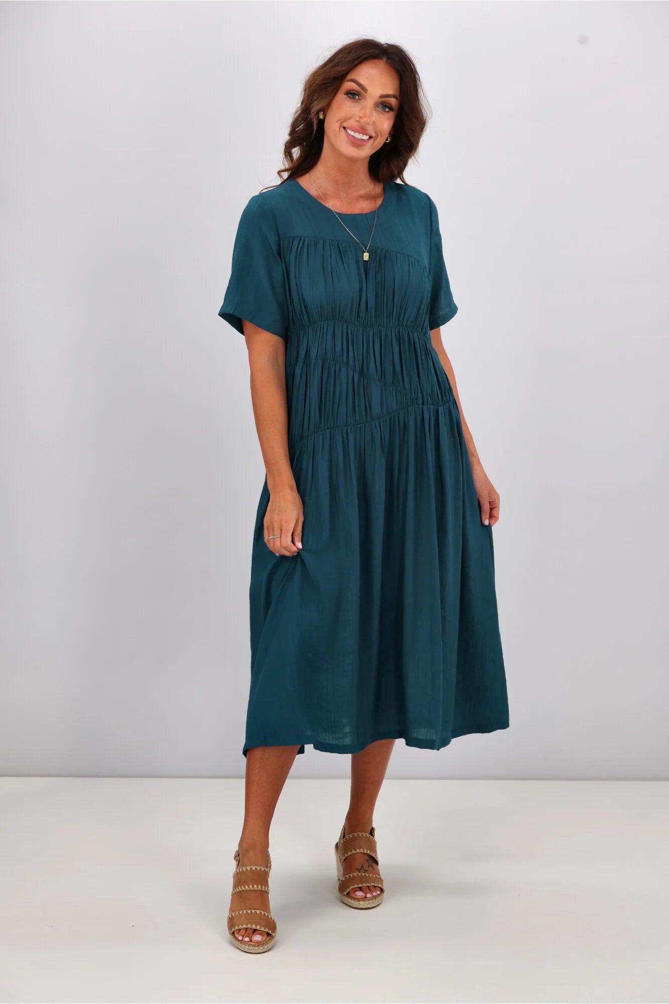 Shine On Label Alesandra Shirred Detail Dress Teal