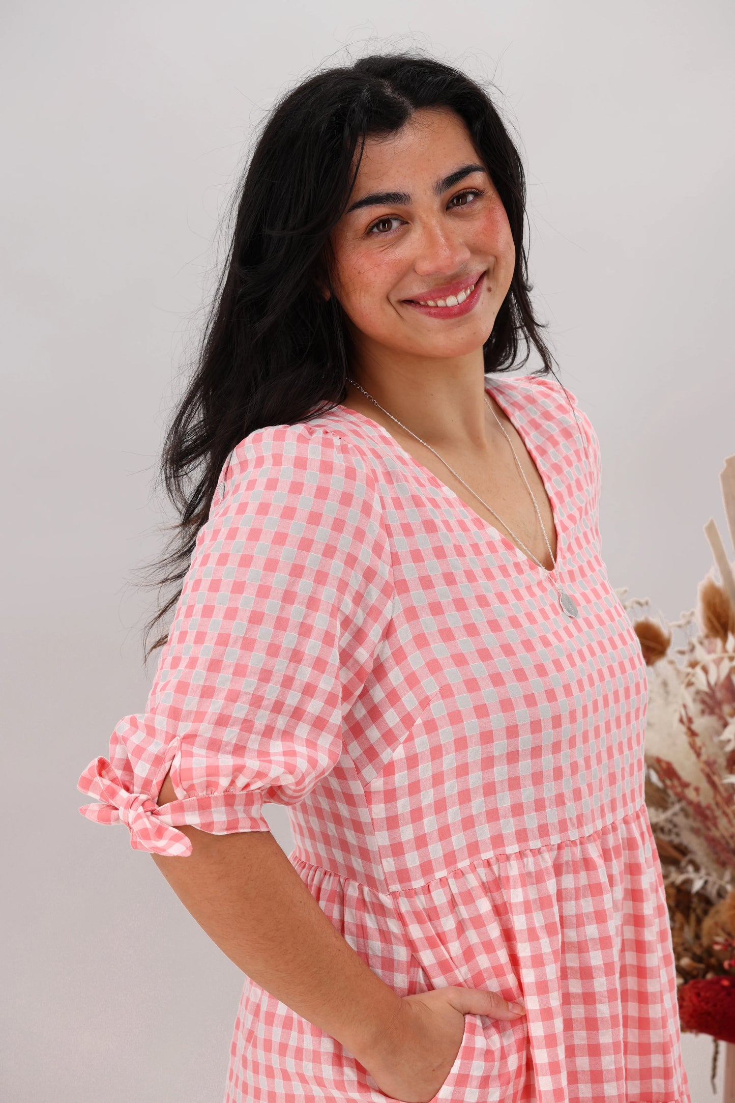 Silver Wishes Gingham Tier Midi Dress Pink