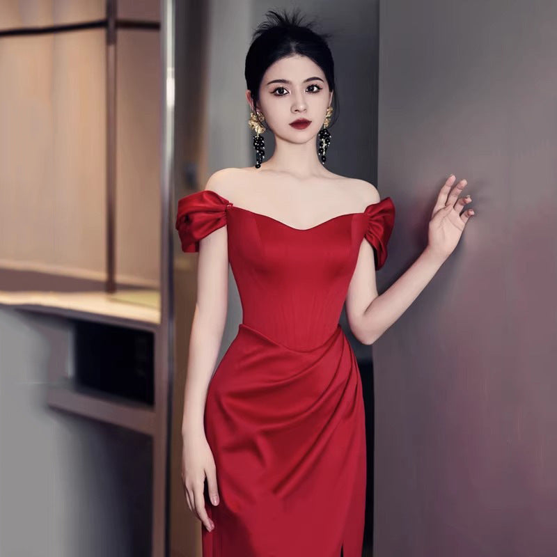 Fashion Bride Wine Red Engagement Wedding Back-to-door Casual Dress Small 04