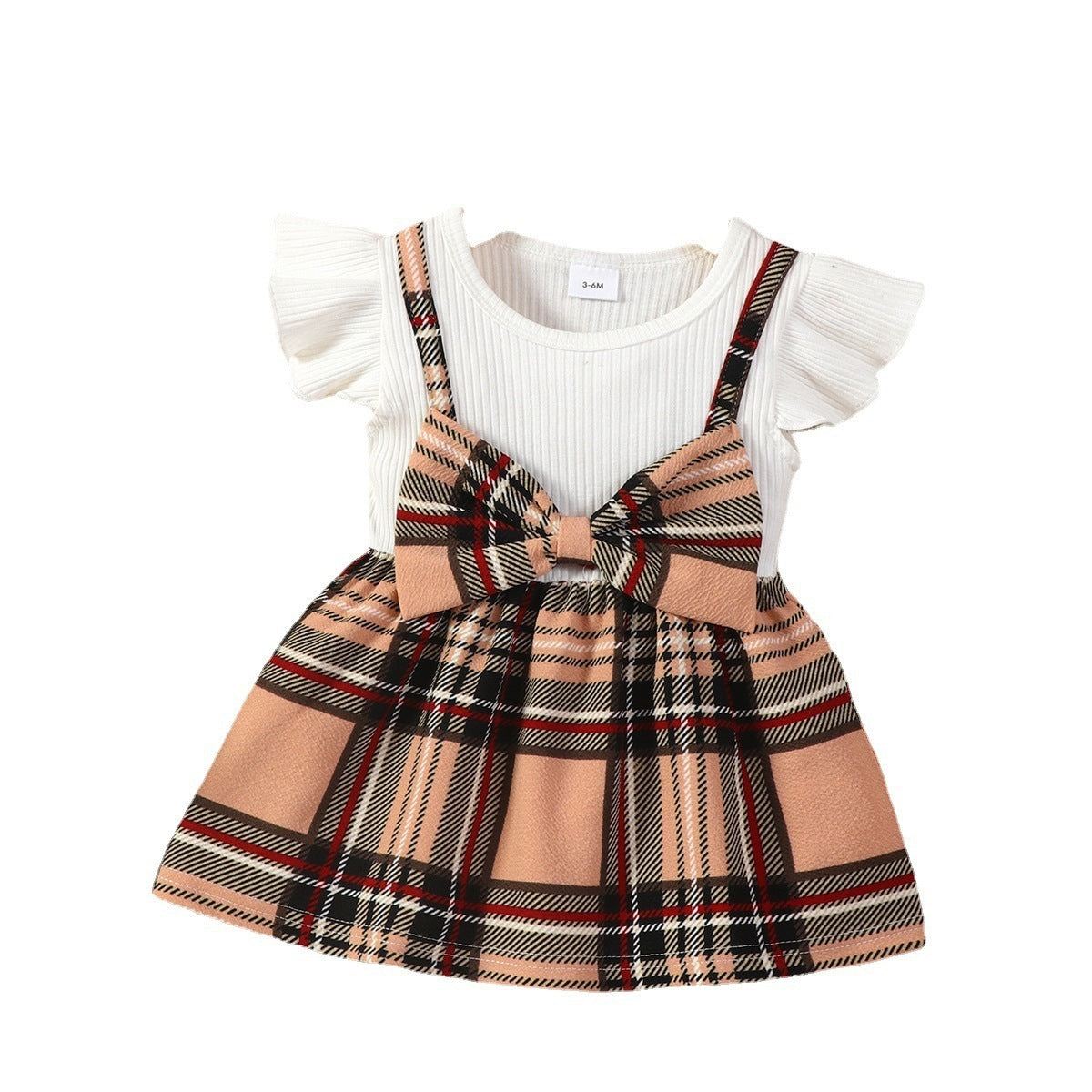 Infant Sunken Stripe Flounced Sleeve Stitching Plaid Dress Headscarf