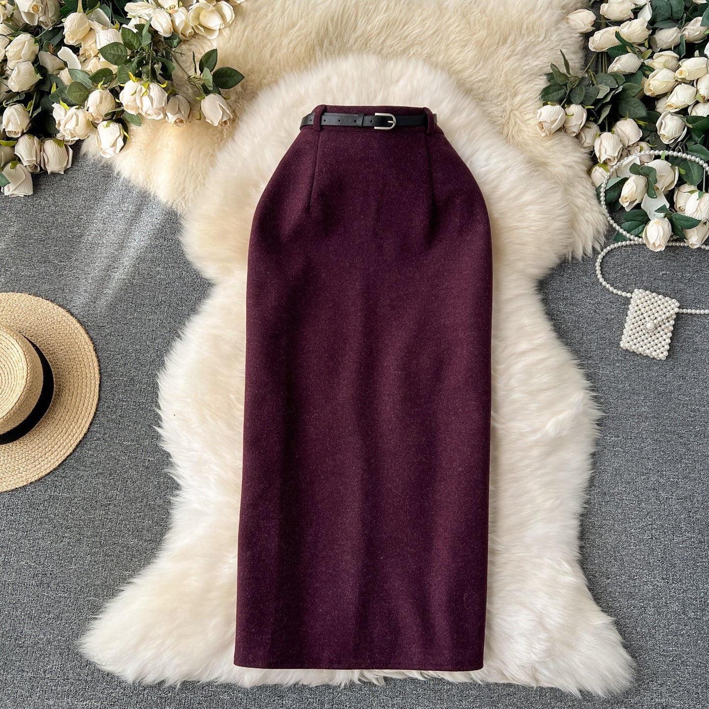 Woolen High Waist Sheath Split Straight One-step Skirt