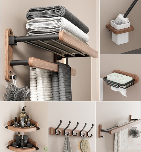 Handcrafted wooden bathroom storage solution featuring multi-tier shelving and towel holders with adhesive installation