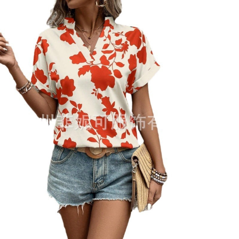 Big Floral Print V-neck Batwing Sleeve Leisure Loose Shirt