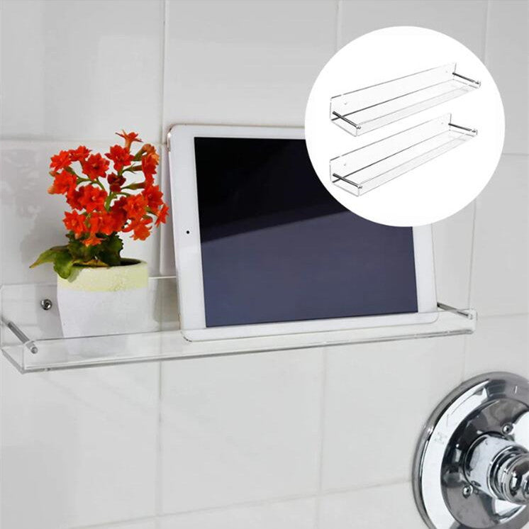 Clear acrylic bathroom shelf with floating wall mount design and modern minimalist look