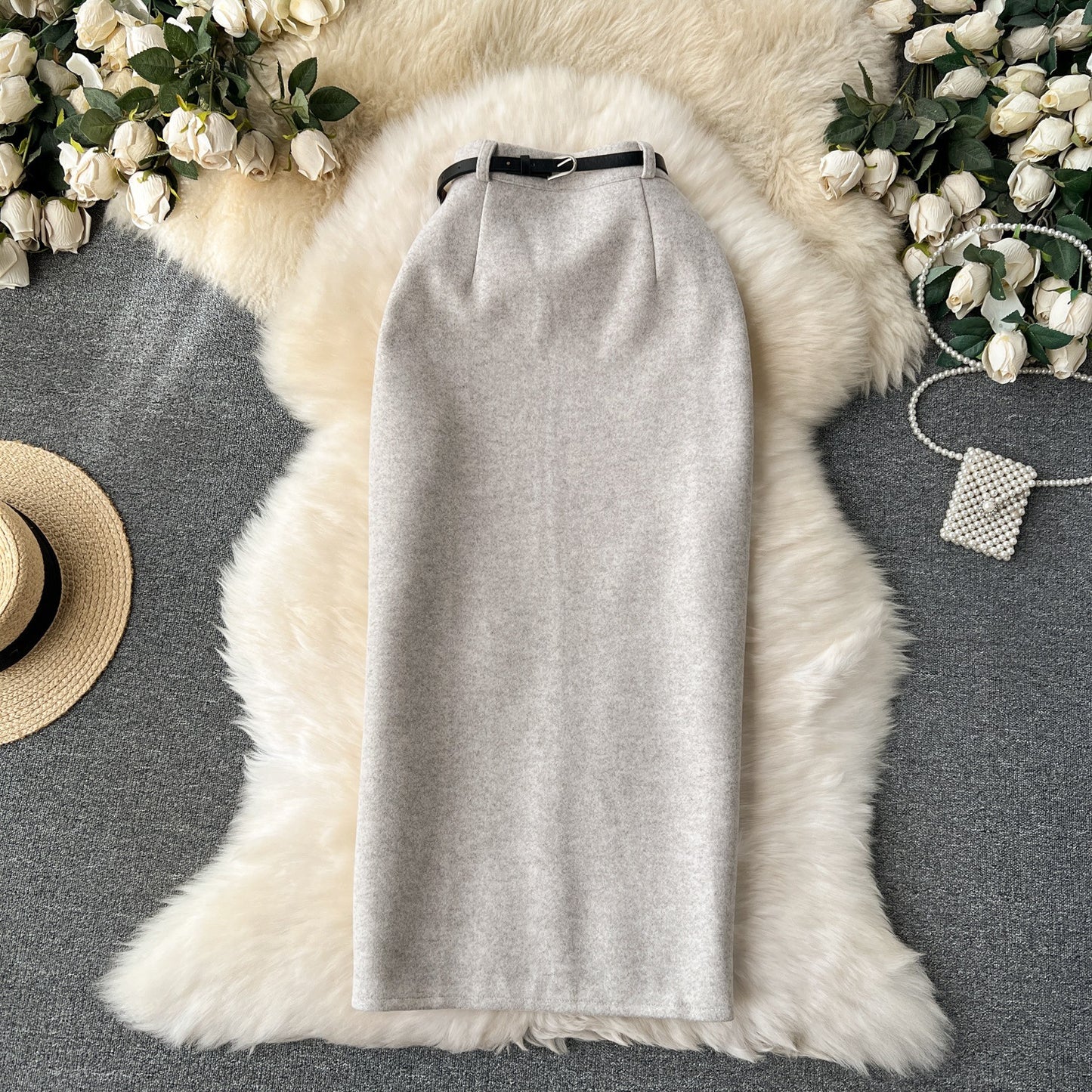 Woolen High Waist Sheath Split Straight One-step Skirt