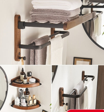 Premium teak wood bathroom shelf unit with integrated towel rack demonstrating punch-free mounting system