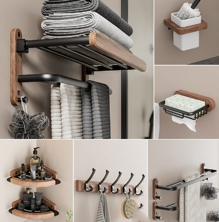 Modern solid wood bathroom rack combining open shelving and towel storage using no-drill mounting technology