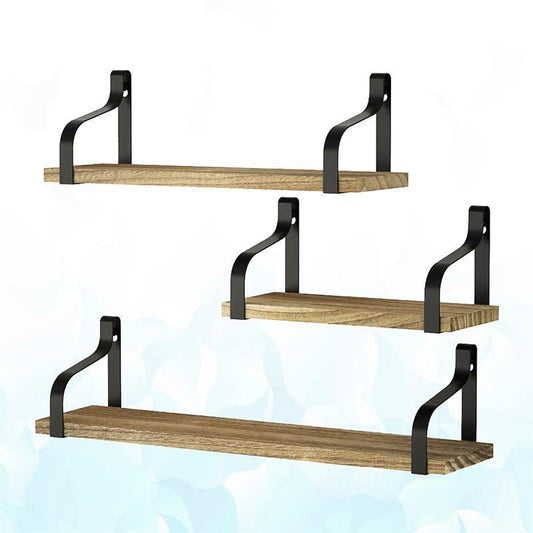 Set of 3 rustic floating wall shelves made of solid wood with modern wall mounting design