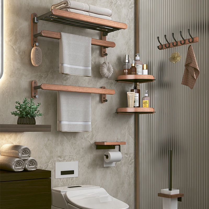 Rustic solid wood bathroom shelf with integrated towel rack featuring adhesive mounting system for damage-free installation