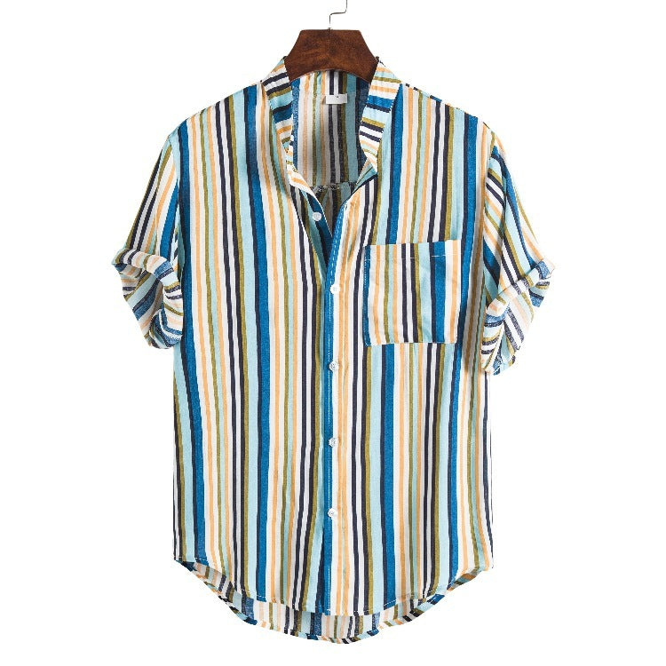 Men's Striped Short Sleeve Shirt Fashion Casual Large Size Stand Collar Shirt Men