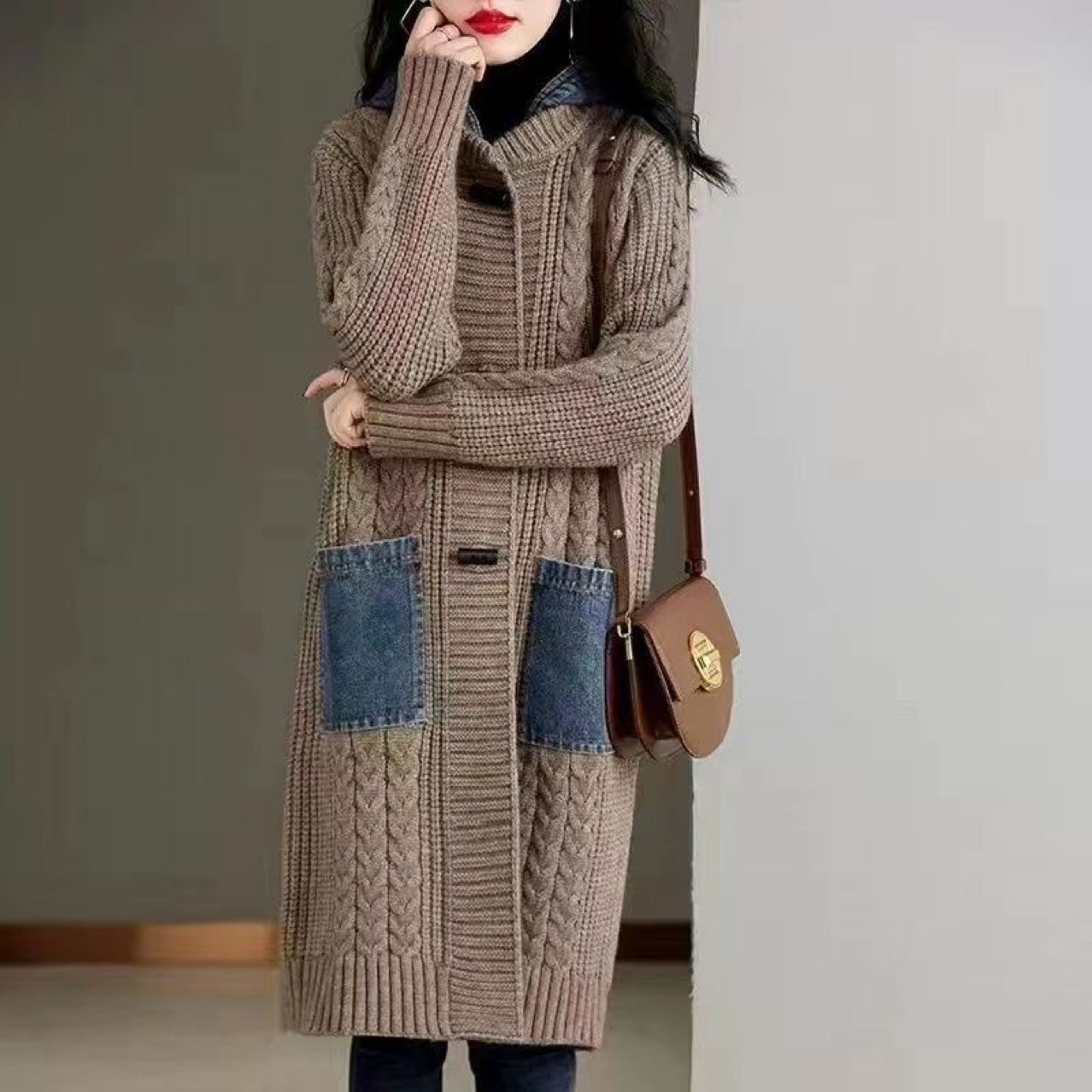 Spring And Autumn Cardigan Mid-length Loose Western Style Outer Wear Hooded Knitted Top
