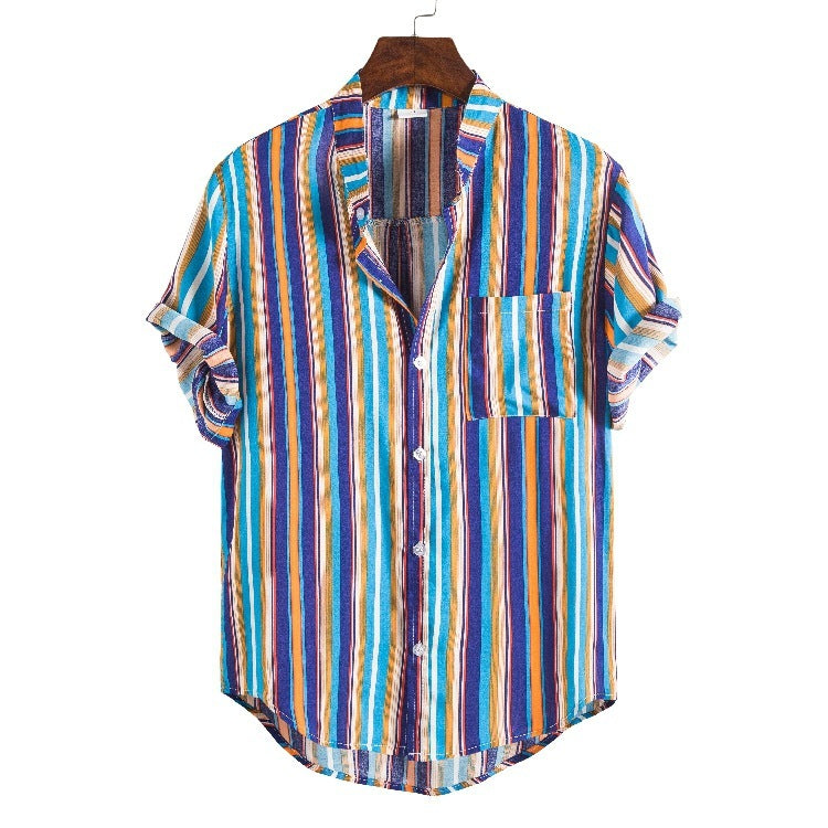 Men's Striped Short Sleeve Shirt Fashion Casual Large Size Stand Collar Shirt Men
