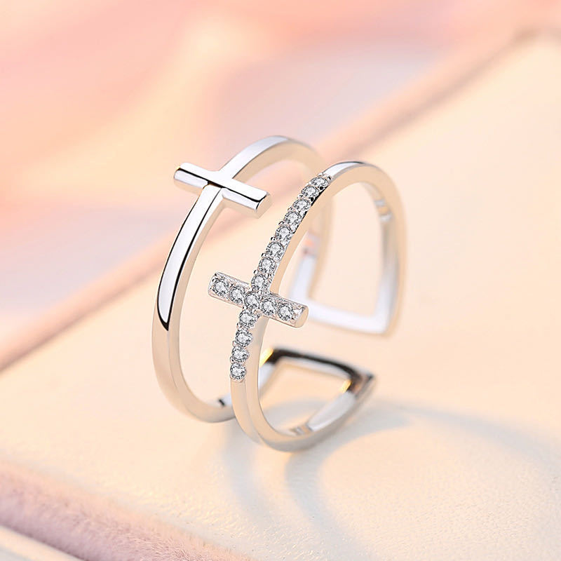 Double Cross Miniature Copper Inlaid Zircon Ring 01