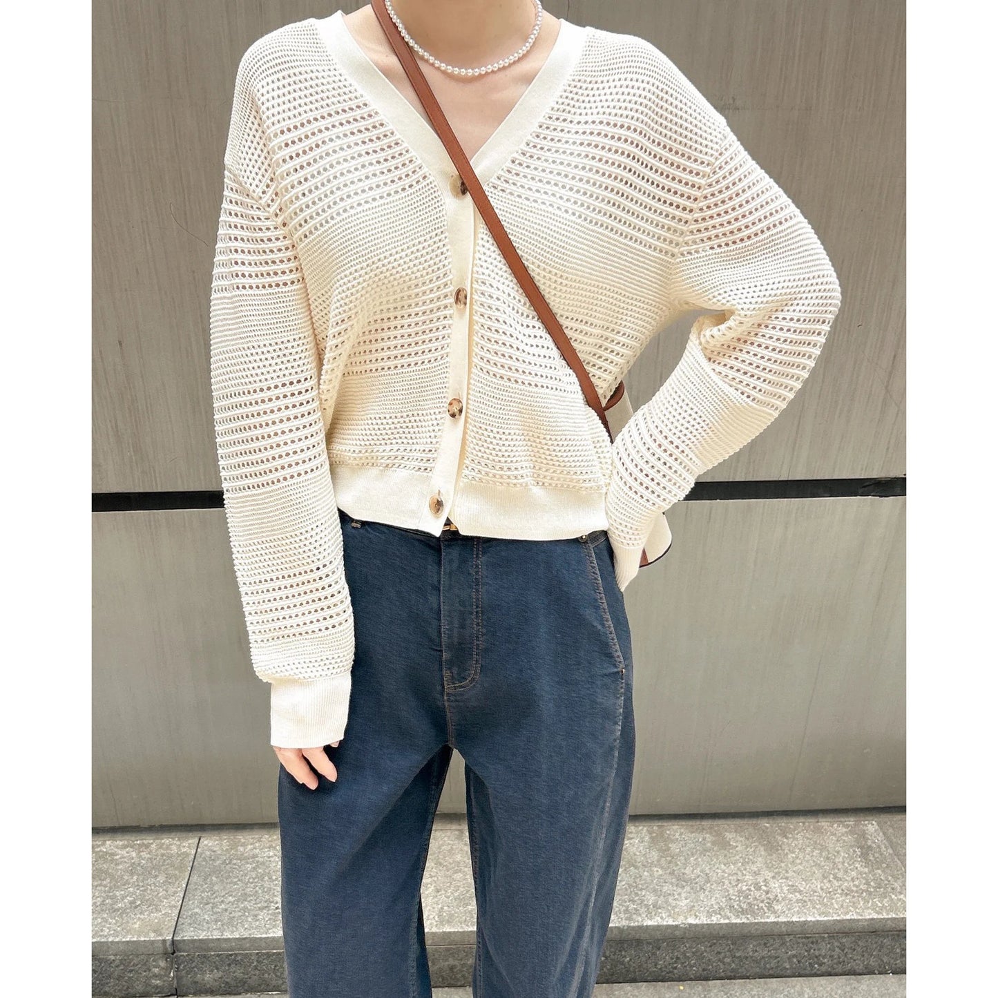 White Dignified Hollow Cardigan Outer Wear Sweater