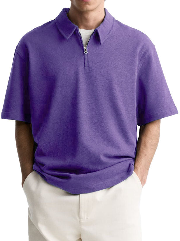 Men's Casual Zipper Polo Shirt Summer Comfortable Breathable Lapels Short-sleeved Top