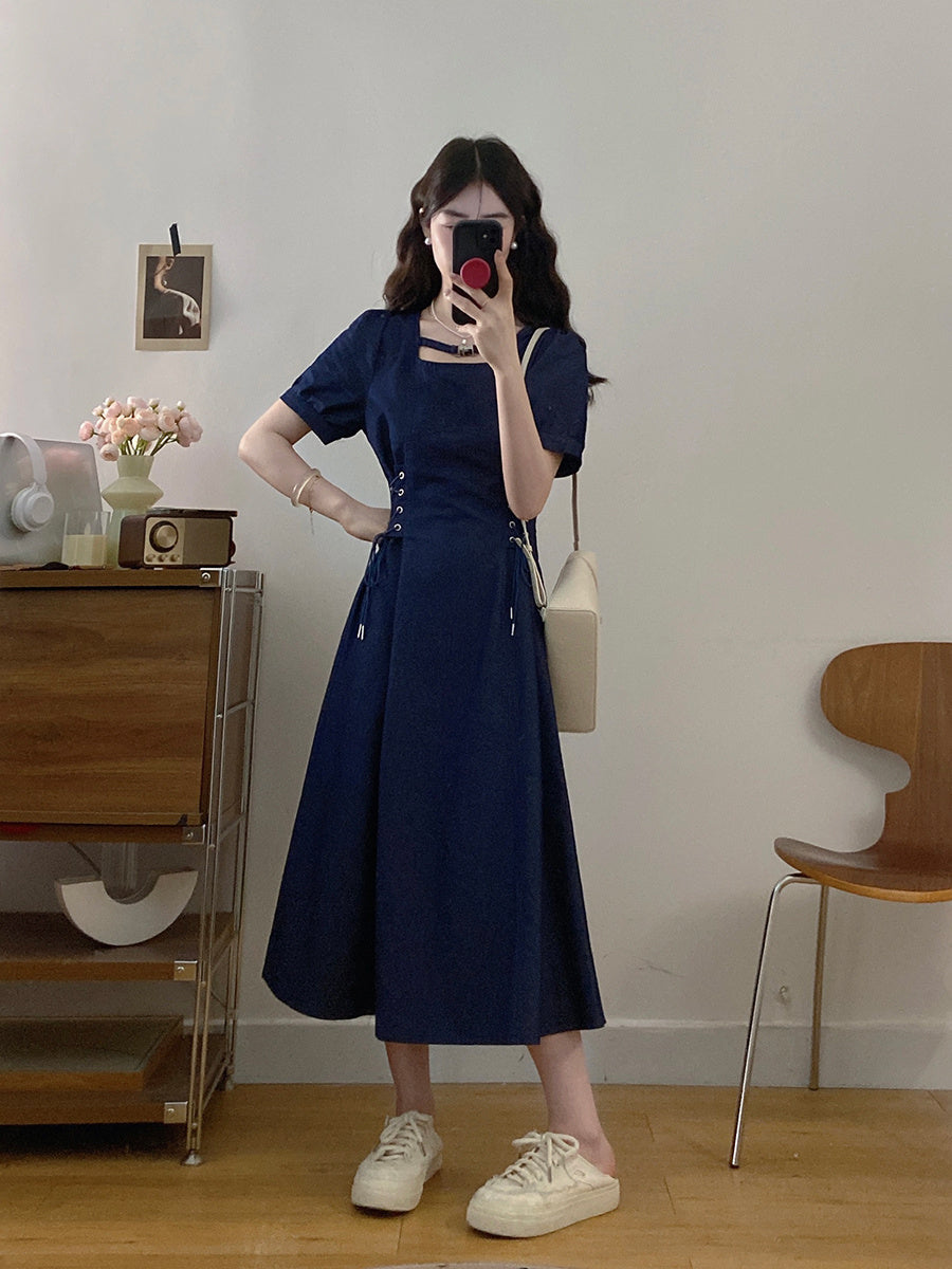 Plus Size Women's French Short Sleeve Dress Waist Slimming Denim Skirt Pear Shape