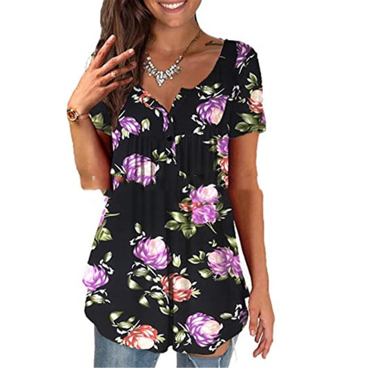 Oversized Tunic Jacket Short Sleeve Casual Floral Print