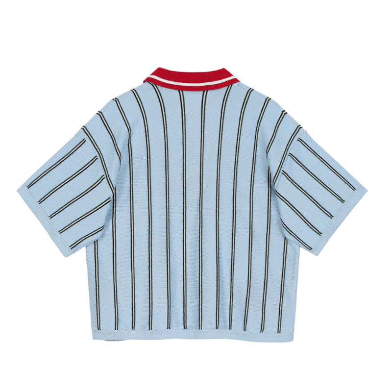 Fashionable Knitting Design Sense Niche Polo Collar Striped T-shirt For Women