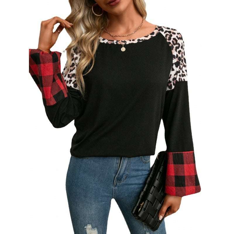 Casual Leopard Print Colorblock Long Sleeve Crewneck T-Shirt