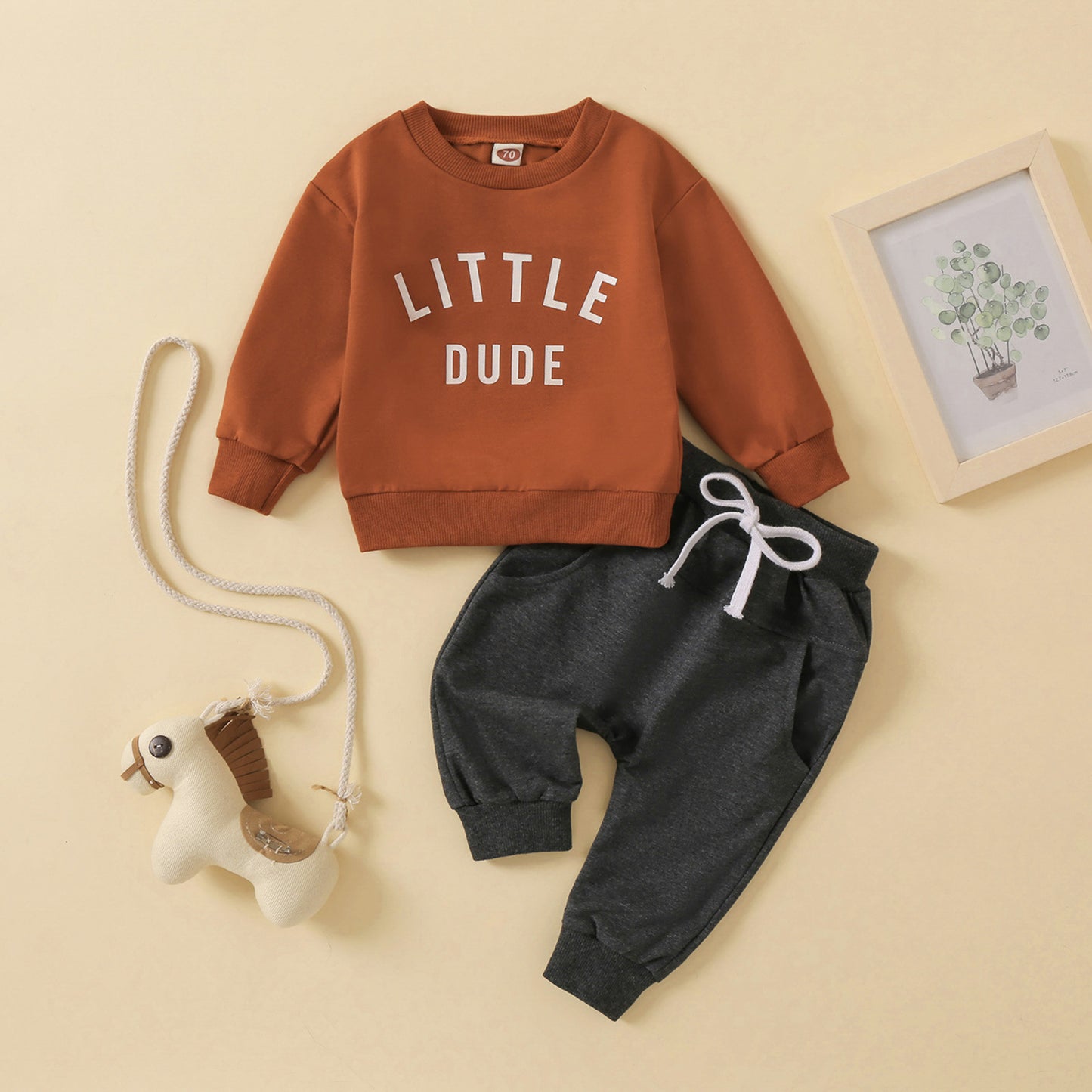 Children's Clothing Round Neck Letter Print Top Solid Color Trousers