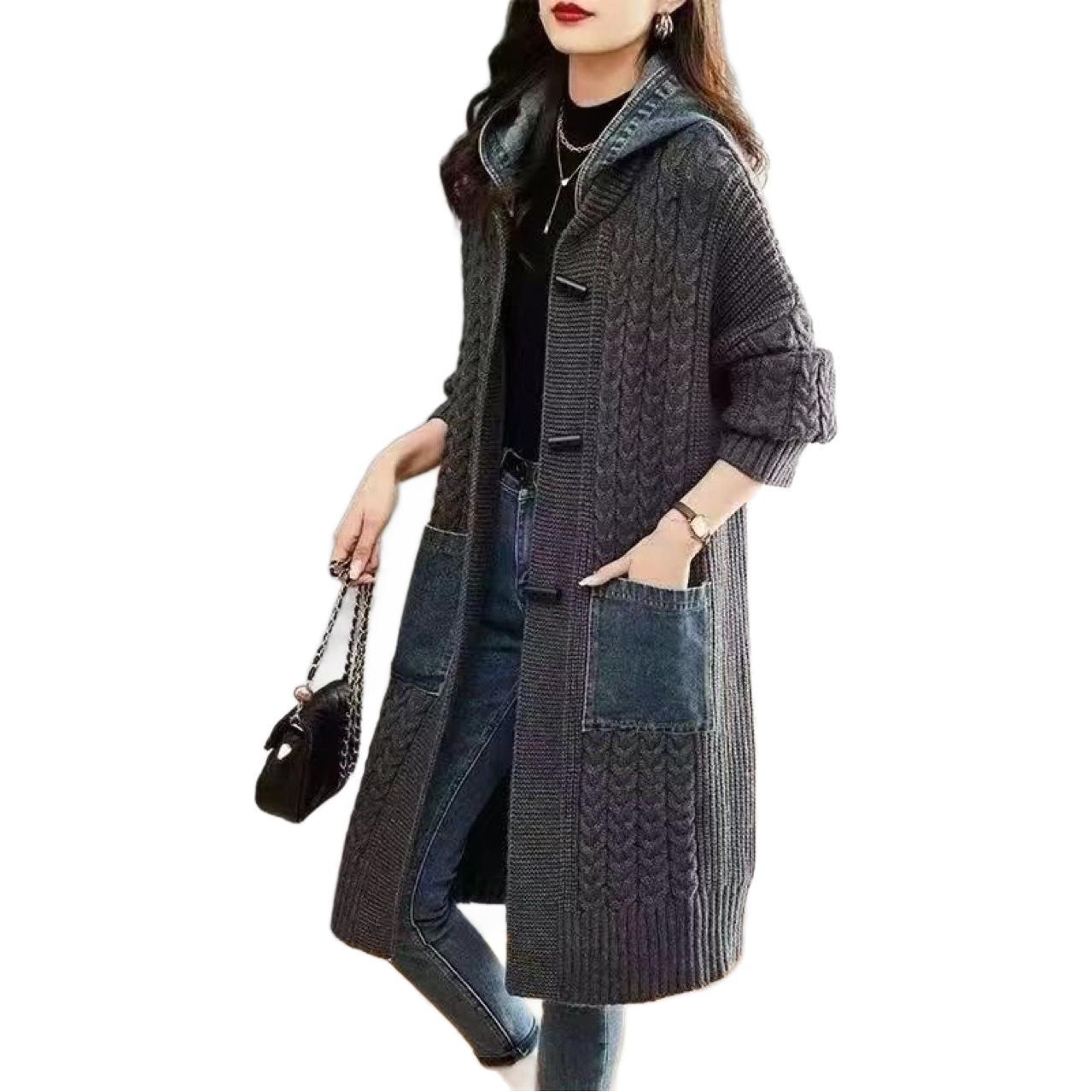 Spring And Autumn Cardigan Mid-length Loose Western Style Outer Wear Hooded Knitted Top