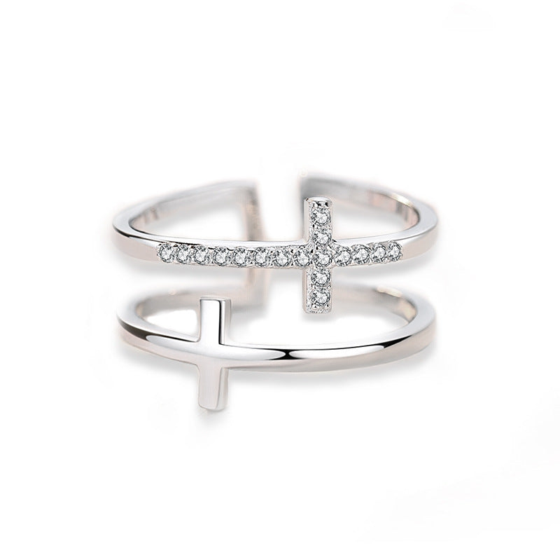 Double Cross Miniature Copper Inlaid Zircon Ring 04
