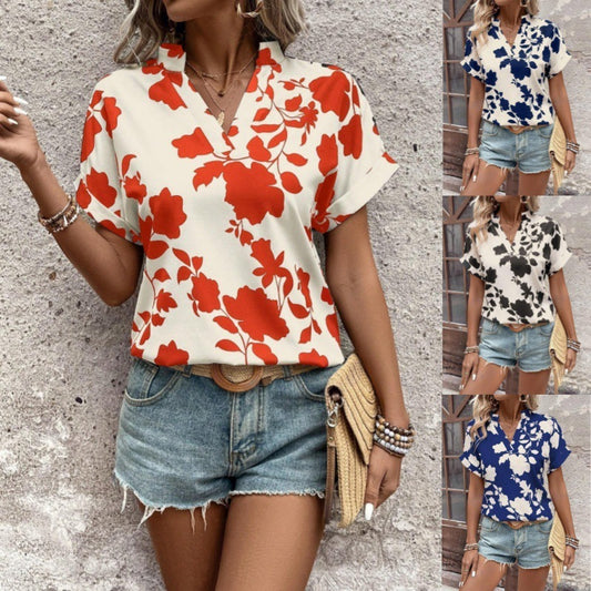 Big Floral Print V-neck Batwing Sleeve Leisure Loose Shirt