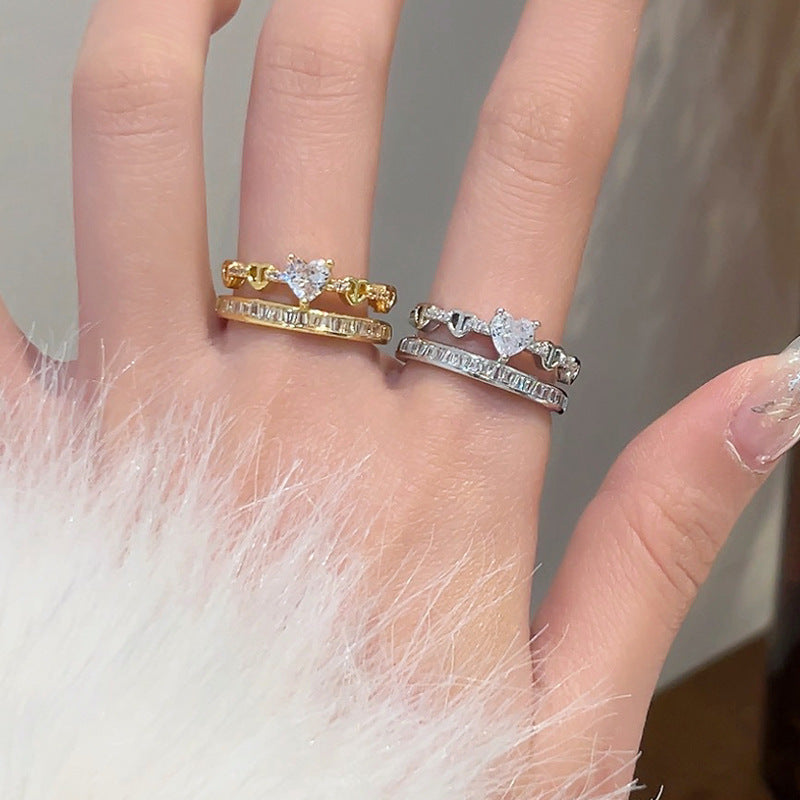 Rhinestone Loving Heart Zircon Ring Female Dual Layer Open-end 02