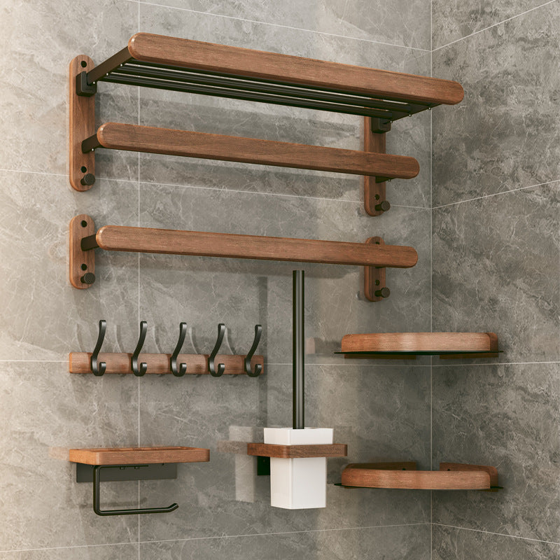 Wall-mounted solid wood bathroom organizer showcasing dual-purpose shelving and towel storage without drilling