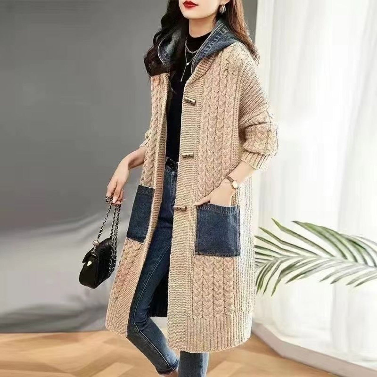 Spring And Autumn Cardigan Mid-length Loose Western Style Outer Wear Hooded Knitted Top