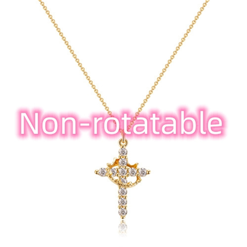 Cross Full Diamond Crown Rotatable Necklace 10