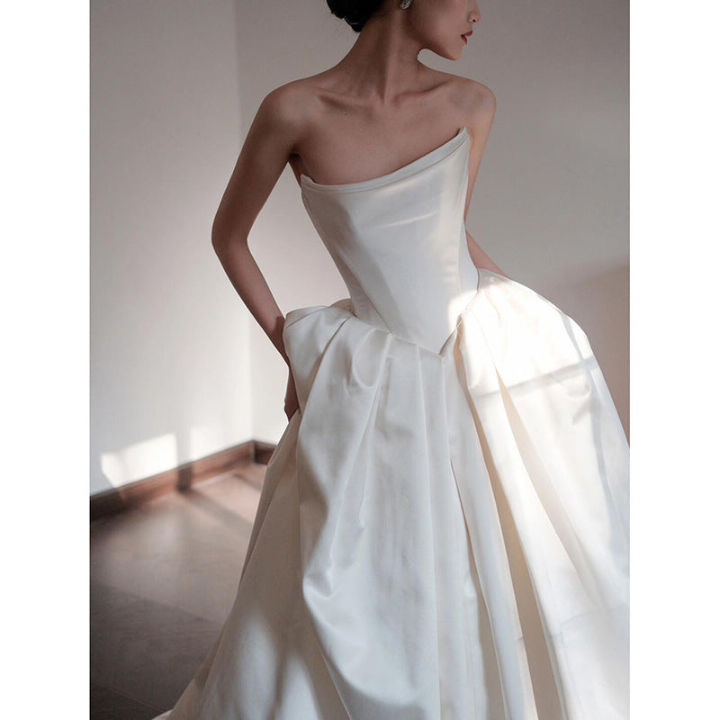 Vintage Light Wedding Dress Tube Top Satin High-end Bridal White Dress