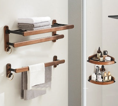 Space-saving wooden bathroom organizer displaying double-tier shelving and towel hanging system with tool-free mounting