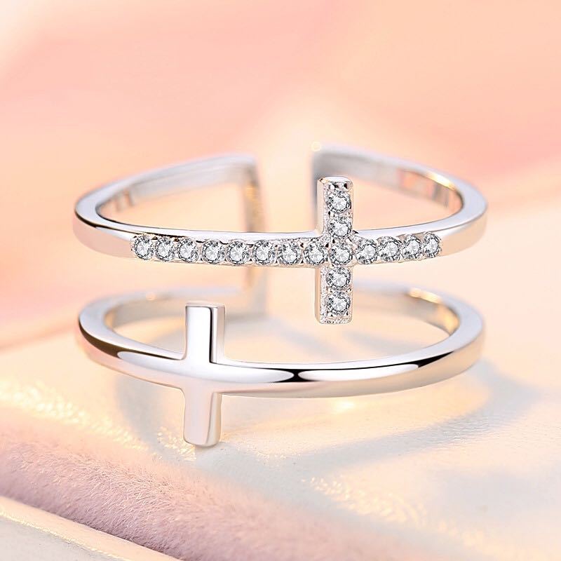 Double Cross Miniature Copper Inlaid Zircon Ring 03