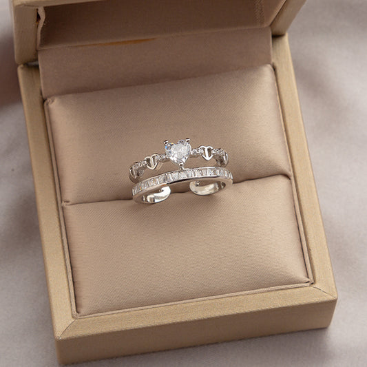 Rhinestone Loving Heart Zircon Ring Female Dual Layer Open-end 01