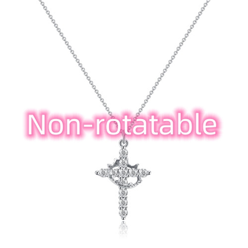 Cross Full Diamond Crown Rotatable Necklace 05