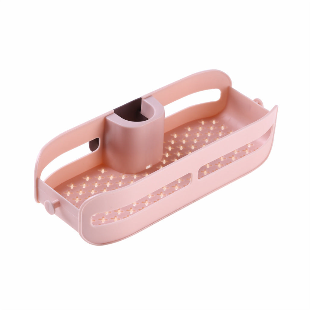 Innovative bathroom sink organizer showing convenient faucet-mounted design with quick snap attachment