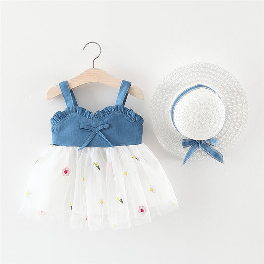 Girls Denim Straps Tulle Stitching Dress